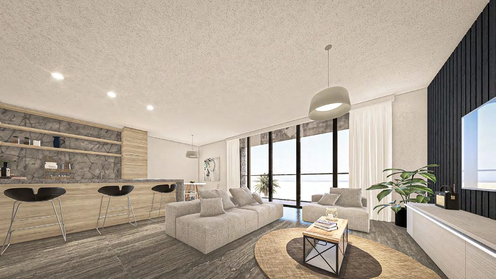 Open plan living, dining and kitchen area in an Ocean Crest apartment