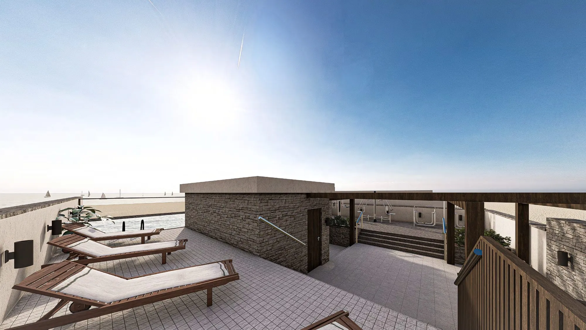Sun loungers on an Ocean Crest terrace looking out over the Atlantic Ocean
